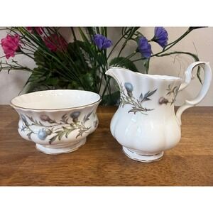 Vintage Royal Albert Brigadoon Bone‎ China Creamer and Sugar Set England Thistle